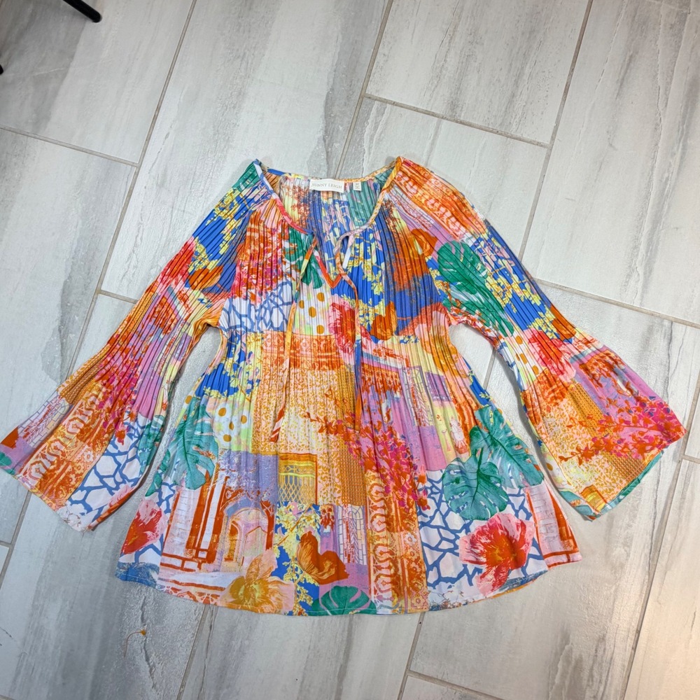 Sunny Leigh Women Multi Color Tropical Print Pleated Bell Sleeve Blouse Medium